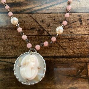 Pink, Pearl and vintage cameo necklace